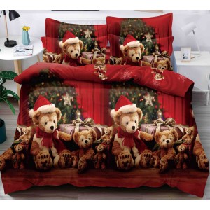 Lenjerie pat dublu,  FINET, 6 piese, cu ELASTIC, Craciun, Jojo Home, Rosu-Multicolor, ursuleti, cadouri