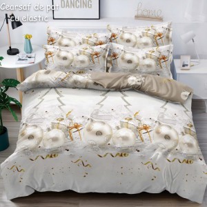 Lenjerie pat dublu,  FINET, 6 piese, cu ELASTIC, Craciun, Jojo Home, Gri-Crem, globulete