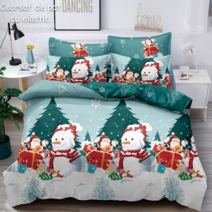 Lenjerie pat dublu,  FINET, 6 piese, cu ELASTIC, Craciun, Jojo Home, Bleu-Multicolor, oameni de zapada, brazi, Mos Craciun