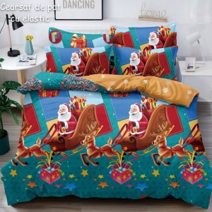 Lenjerie pat dublu,  FINET, 6 piese, cu ELASTIC, Craciun, Jojo Home, Bleu-Multicolor, sania lui Mos Craciun