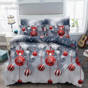 Lenjerie pat dublu,  FINET, 6 piese, cu ELASTIC, Craciun, Jojo Home, Gri-Rosu, crengute de brad, globulete