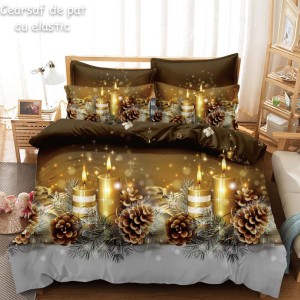 Lenjerie pat dublu,  FINET, 6 piese, cu ELASTIC, Craciun, Jojo Home, Auriu-Multicolor, crengute de brad, conuri, lumanari