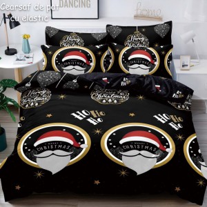 Lenjerie pat dublu,  FINET, 6 piese, cu ELASTIC, Craciun, Jojo Home, Negru-Multicolor, Ho-Ho-Ho