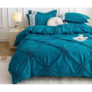 Lenjerie pat dublu,  Soft Touch, 6 piese, cu PLIURI BRODATE, Jojo Home, Turquoise