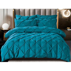 Lenjerie pat dublu,  FINET, 6 piese, cu PLIURI BRODATE, Jojo Home, Turquoise