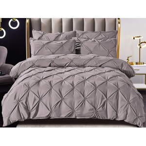 Lenjerie pat dublu,  FINET, 6 piese, cu PLIURI BRODATE, Jojo Home, Gri deschis