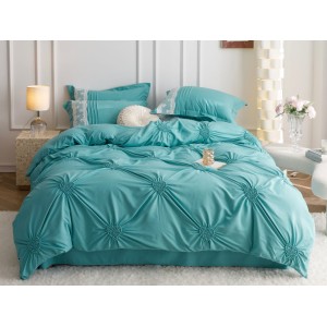 Lenjerie pat dublu,  Soft Touch, 6 piese, cu PLIURI BRODATE, Jojo Home, Aqua Blue