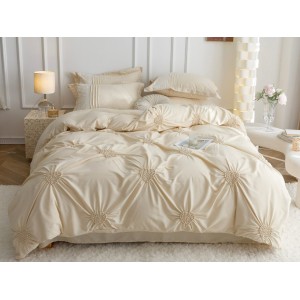 Lenjerie pat dublu,  Soft Touch, 6 piese, cu PLIURI BRODATE, Jojo Home, Crem