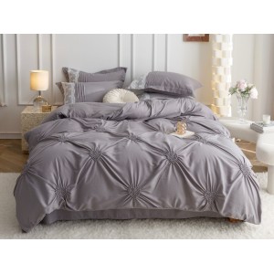 Lenjerie pat dublu,  Soft Touch, 6 piese, cu PLIURI BRODATE, Jojo Home, Gri