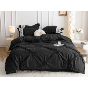 Lenjerie pat dublu,  Soft Touch, 6 piese, cu PLIURI BRODATE, Jojo Home, Negru