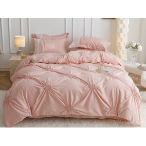 Lenjerie pat dublu,  Soft Touch, 6 piese, cu PLIURI BRODATE, Jojo Home, Roz Pudra