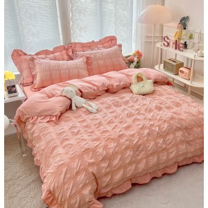 Lenjerie pat dublu,  Soft Touch CREPONAT DELUXE, 6 piese, Jojo Home, Roz Pudra