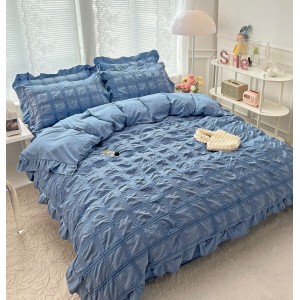 Lenjerie pat dublu,  Soft Touch CREPONAT DELUXE, 6 piese, Jojo Home, Bleumarin