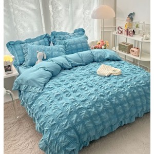 Lenjerie pat dublu,  Soft Touch CREPONAT DELUXE, 6 piese, Jojo Home, Albastru