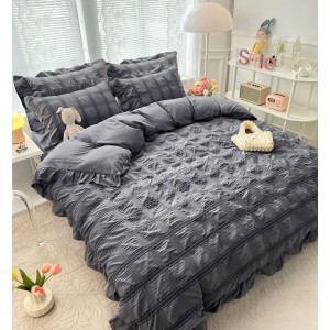 Lenjerie pat dublu,  Soft Touch CREPONAT DELUXE, 6 piese, Jojo Home, Gri