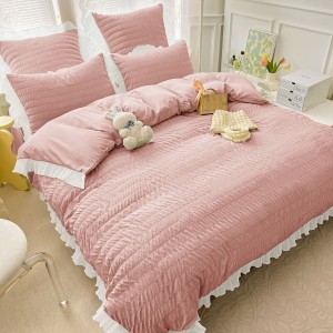 Lenjerie pat dublu,  Soft Touch CREPONAT DELUXE, 6 piese, Jojo Home, Roz pudra