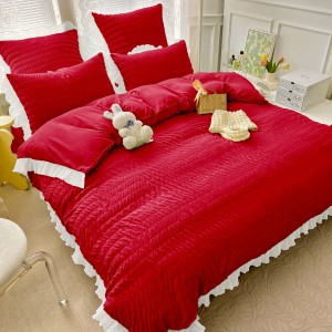 Lenjerie pat dublu,  Soft Touch CREPONAT DELUXE, 6 piese, Jojo Home, Rosu