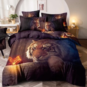 Lenjerie pat single,  FINET, Imprimeu Digital - Identic cu poza, 4 piese, cu ELASTIC, Jojo Home, Bleumarin-Multicolor, tigru