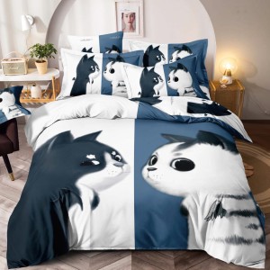 Lenjerie pat single,  FINET, Imprimeu Digital - Identic cu poza, 4 piese, cu ELASTIC, Jojo Home, Alb-Bleumarin, pisicute