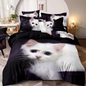 Lenjerie pat single,  FINET, Imprimeu Digital - Identic cu poza, 4 piese, cu ELASTIC, Jojo Home, Bleumarin-Alb, pisicuta