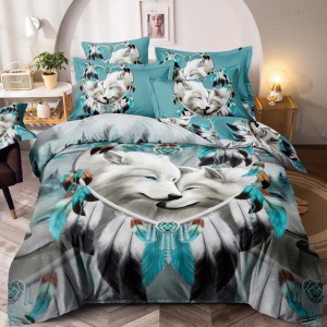 Lenjerie pat single,  FINET, Imprimeu Digital - Identic cu poza, 4 piese, cu ELASTIC, Jojo Home, Bleu-Multicolor, lup, pene