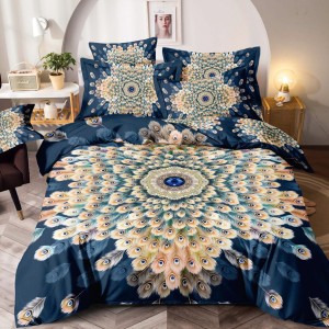 Lenjerie pat single,  FINET, Imprimeu Digital - Identic cu poza, 4 piese, cu ELASTIC, Jojo Home, Bleumarin-Multicolor, pene de paun