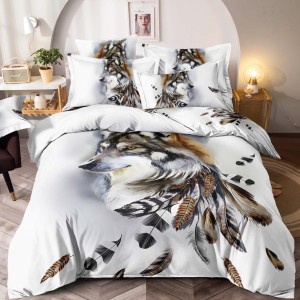 Lenjerie pat single,  FINET, Imprimeu Digital - Identic cu poza, 4 piese, cu ELASTIC, Jojo Home, Alb-Multicolor, lup, pene