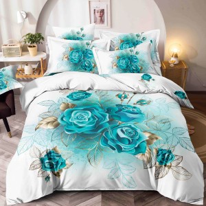 Lenjerie pat single,  FINET, Imprimeu Digital - Identic cu poza, 4 piese, cu ELASTIC, Jojo Home, Alb-Bleu, trandafiri