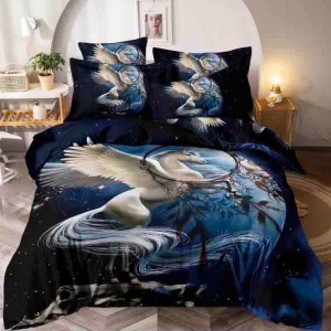 Lenjerie pat single,  FINET, Imprimeu Digital - Identic cu poza, 4 piese, cu ELASTIC, Jojo Home, Alb-Bleumarin, unicorn