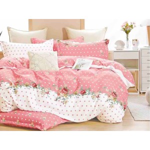 Lenjerie pat 1 PERSOANA,  FINET, 4 piese, Jojo Home, Alb-Roz, flori, buline