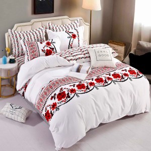 Lenjerie pat 1 PERSOANA,  FINET, 4 piese, Jojo Home, Alb-Rosu, model traditional