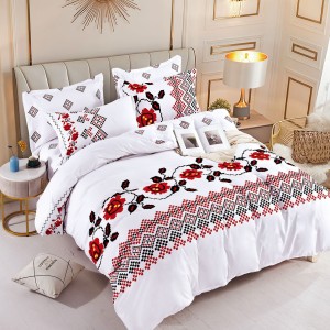 Lenjerie pat 1 PERSOANA,  FINET, 4 piese, Jojo Home, Alb-Rosu, model traditional