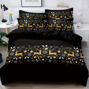 Lenjerie pat 1 PERSOANA,  FINET, 4 piese, Jojo Home, Craciun, Negru-Auriu, reni