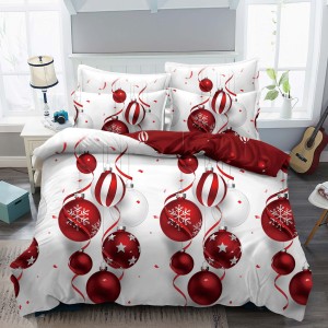 Lenjerie pat 1 PERSOANA,  FINET, 4 piese, Jojo Home, Craciun, Alb-Rosu, globulete