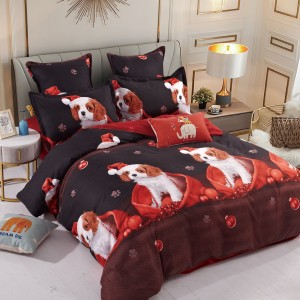 Lenjerie pat 1 PERSOANA,  FINET, 4 piese, Jojo Home, Craciun, Negru-Rosu, catelusi