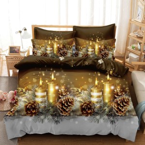Lenjerie pat 1 PERSOANA,  FINET, 4 piese, Jojo Home, Craciun, Auriu-Multicolor, crengute de brad, lumanari
