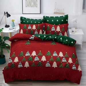 Lenjerie pat 1 PERSOANA,  FINET, 4 piese, Jojo Home, Craciun, Rosu-Verde, braduti