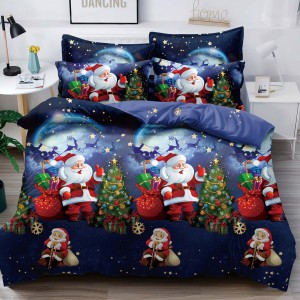 Lenjerie pat 1 PERSOANA,  FINET, 4 piese, Jojo Home, Craciun, Bleumarin-Multicolor, Mos Craciun, brazi