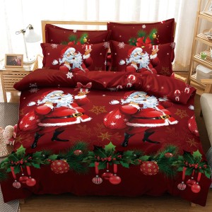 Lenjerie pat 1 PERSOANA,  FINET, 4 piese, Jojo Home, Craciun, Rosu-Verde, Mos Craciun, brazi