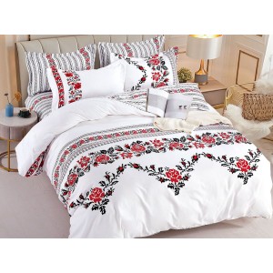 Lenjerie pat dublu,  FINET, 6 piese, cu ELASTIC, Jojo Home, Alb-Rosu, model traditional