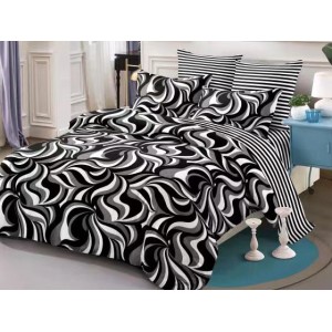 Lenjerie pat dublu,  FINET, cu elastic, 6 piese, Alb-Negru, abstract