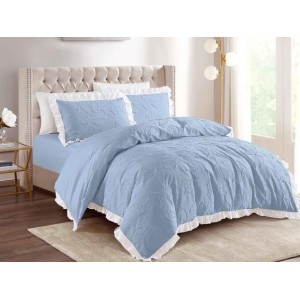 Lenjerie pat dublu,  FINET, cu Broderie si Volanase, 4 piese, cu Elastic, bleu