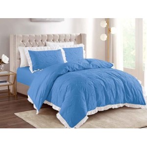 Lenjerie pat dublu,  FINET, cu Broderie si Volanase, 4 piese, cu Elastic, albastru