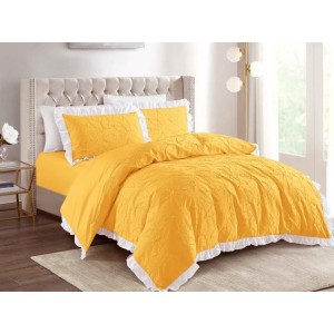 Lenjerie pat dublu,  FINET, cu Broderie si Volanase, 4 piese, cu Elastic,  galben