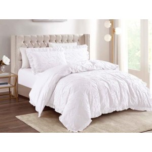 Lenjerie pat dublu,  FINET, cu Broderie si Volanase, 4 piese, cu Elastic, alb