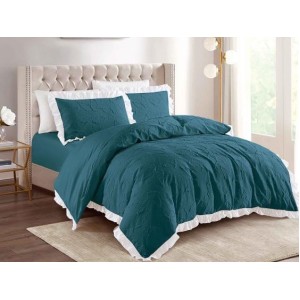 Lenjerie pat dublu,  FINET, cu Broderie si Volanase, 4 piese, cu Elastic, verde