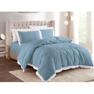 Lenjerie pat dublu,  FINET, cu Broderie si Volanase, 4 piese, cu Elastic, gri albastrui