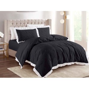 Lenjerie pat dublu,  FINET, cu Broderie si Volanase, 4 piese, cu Elastic, negru