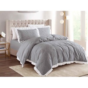 Lenjerie pat dublu,  FINET, cu Broderie si Volanase, 4 piese, cu Elastic, gri inchis