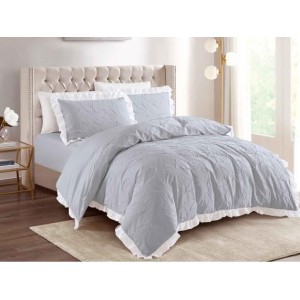 Lenjerie pat dublu,  FINET, cu Broderie si Volanase, 4 piese, cu Elastic, gri deschis